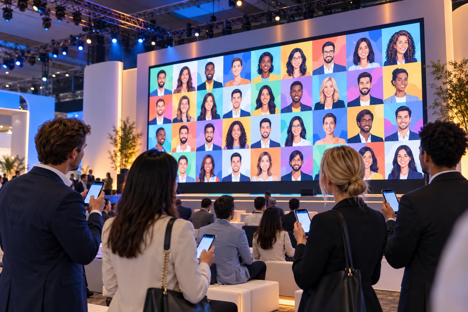 Eine bunte GuestWall mit illustrierten Porträts auf einem großen Eventscreen