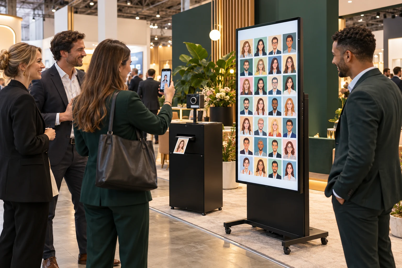 Beispiel eines GuestWall-Komplettaufbaus mit Screen, Eventkamera und Druckstation